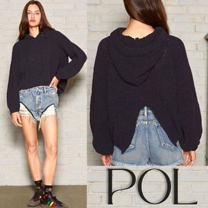 POL Black Back Open Slit Balloon Sleeve Crop Hooded Sweater NEW